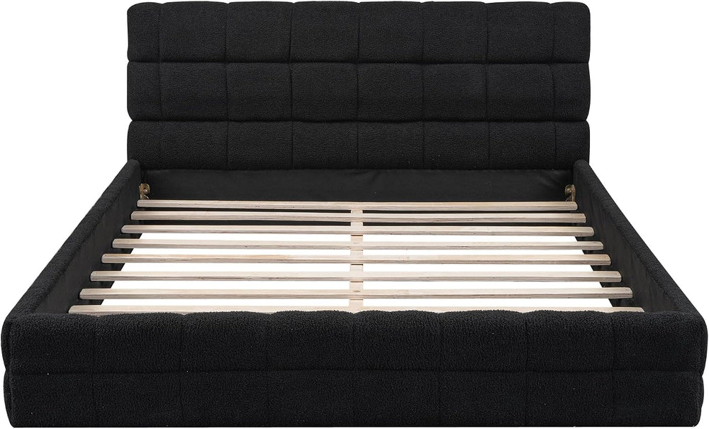 SOFTSEA Queen Size Upholstered Platform Bed, Fleece Floor Bed with Tufted Hea...