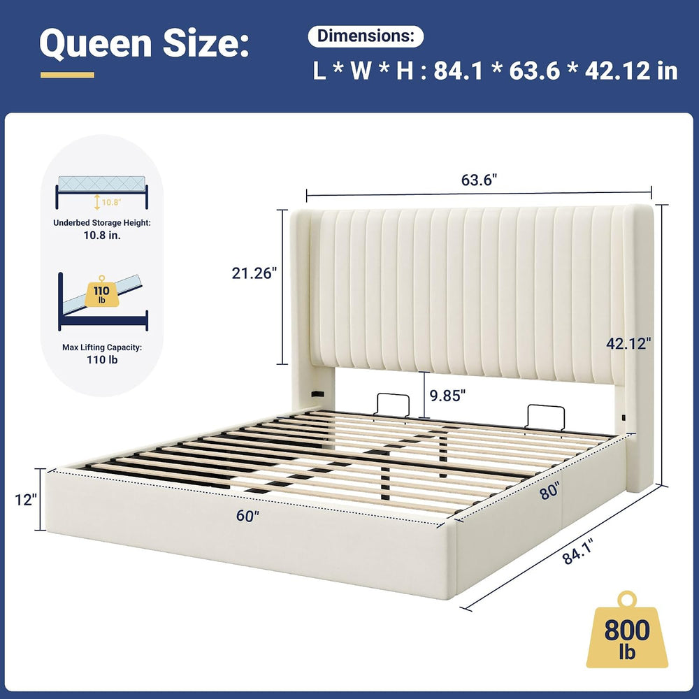 Allewie Queen Size Lift Up Storage Bed Frame Channel Tufted Headboard Cream
