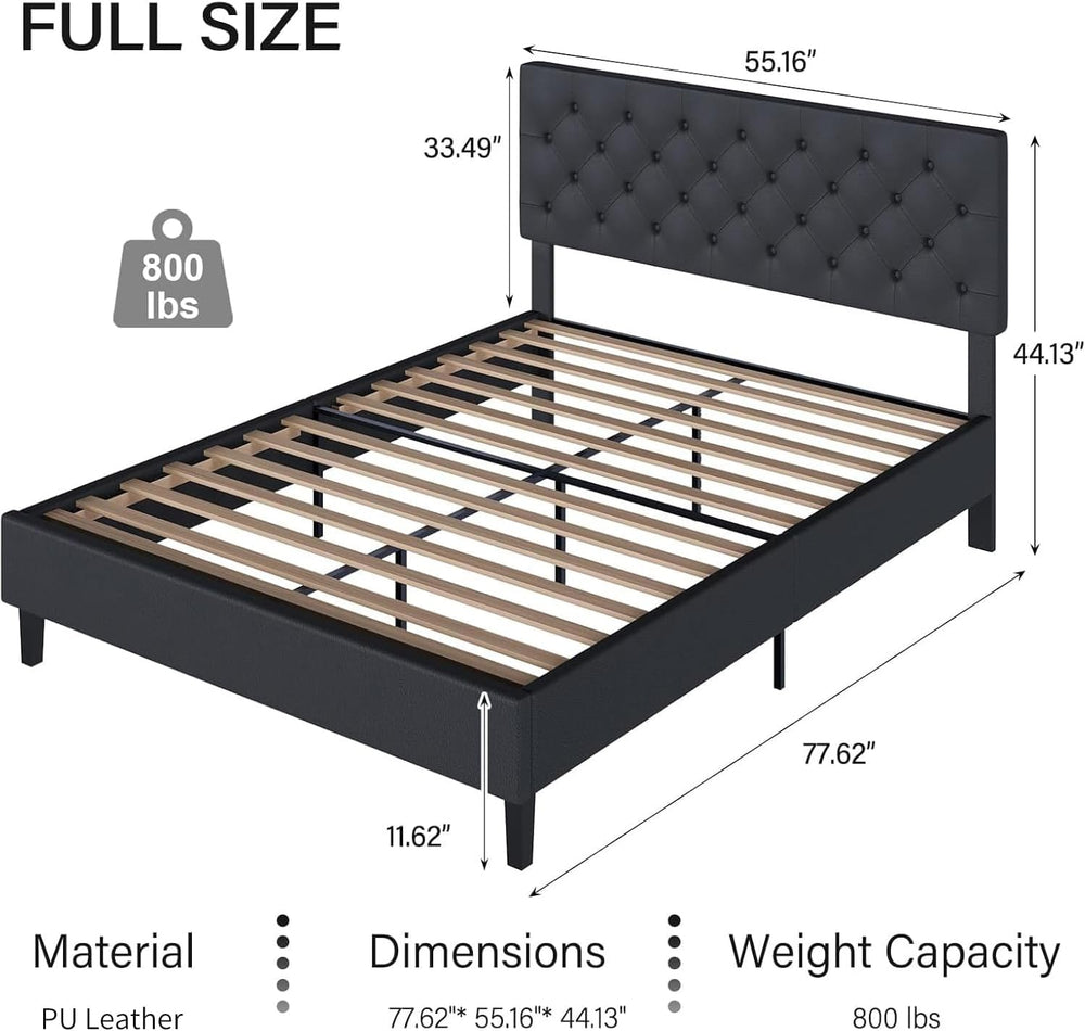 REVOMINCA Full Faux Leather Bed Frame with Headboard, Black