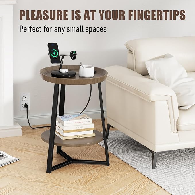 Gadroad Round End Table with Charging Station, USB Ports, Wood Tabletop &...