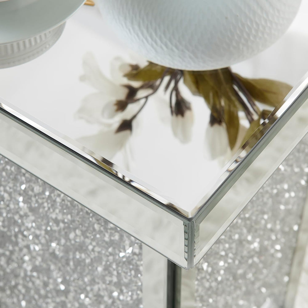 Mirrored End Table Modern Silver Side Table with Crystal Design Decorative Gl...