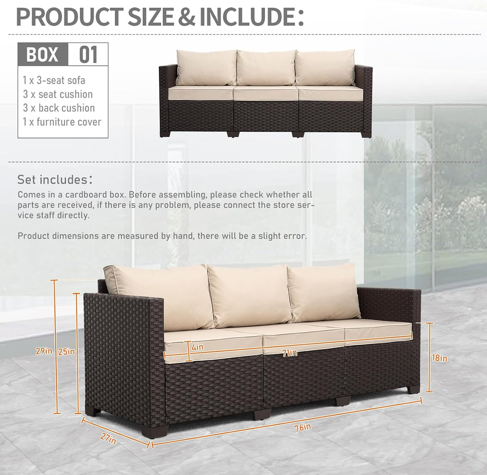 Outdoor Furniture Couch 3 Seater Sofa Outdoor Brown Wicker Sofa Deep Seat Hig...