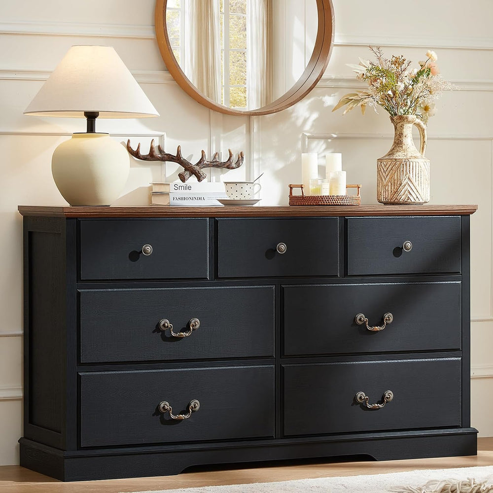 Farmhouse 7 Drawer Black Dresser for Bedroom