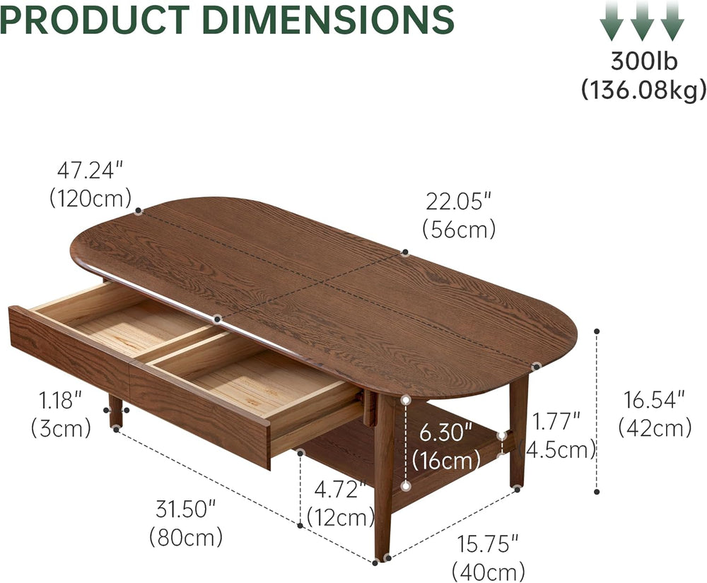 100% Solid Oak Wood Coffee Table with Storage for Living Room, 47.24"W