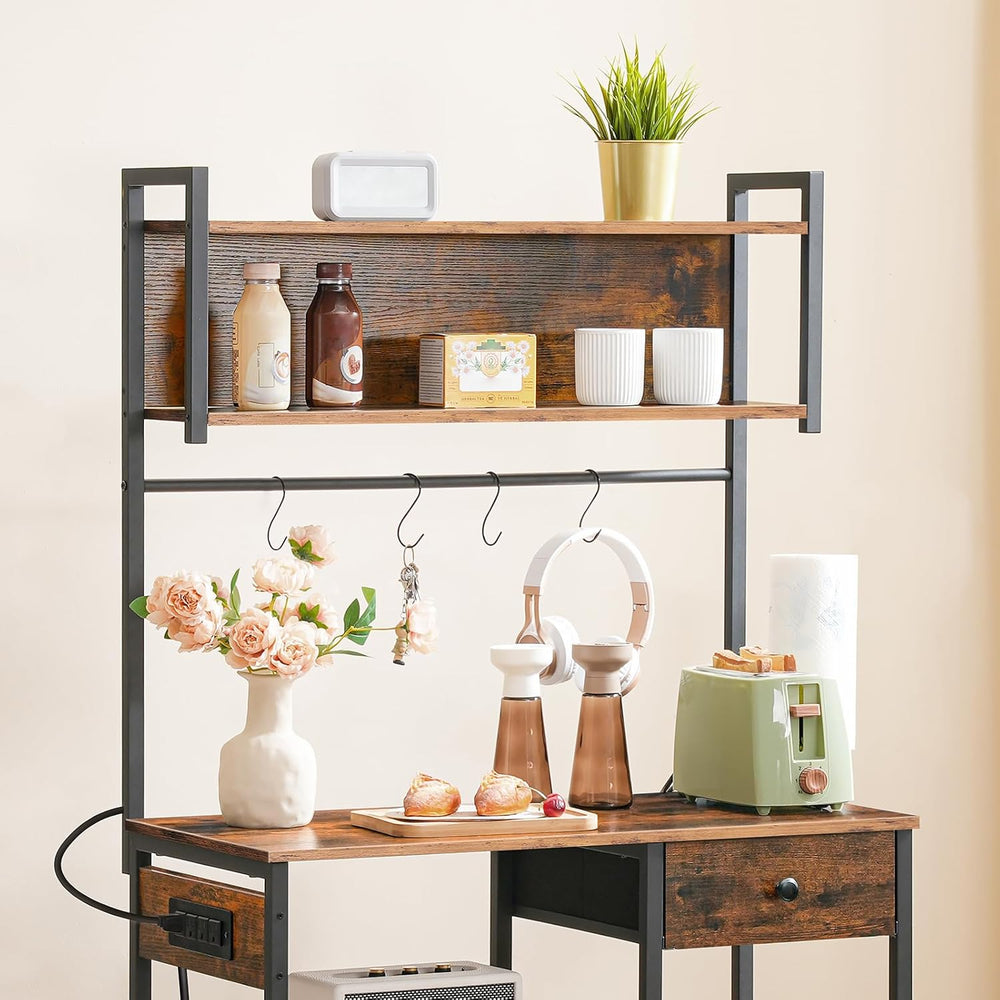 HOOBRO Bakers Rack with 4 AC Power Outlets, 5-Tier Coffee Bar with Wire Baske...