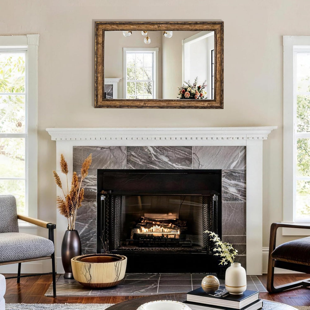 Rectangular Antique Solid Wood Frame Mirror, 37''x25'' Decora...