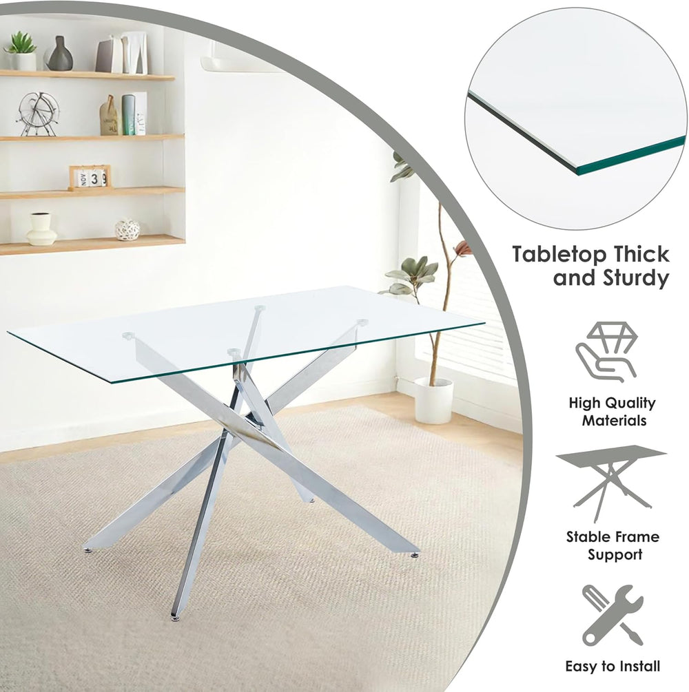 5-Piece Dining Table Set for 4, Modern Rectangular Glass Table with 4 Upholst...