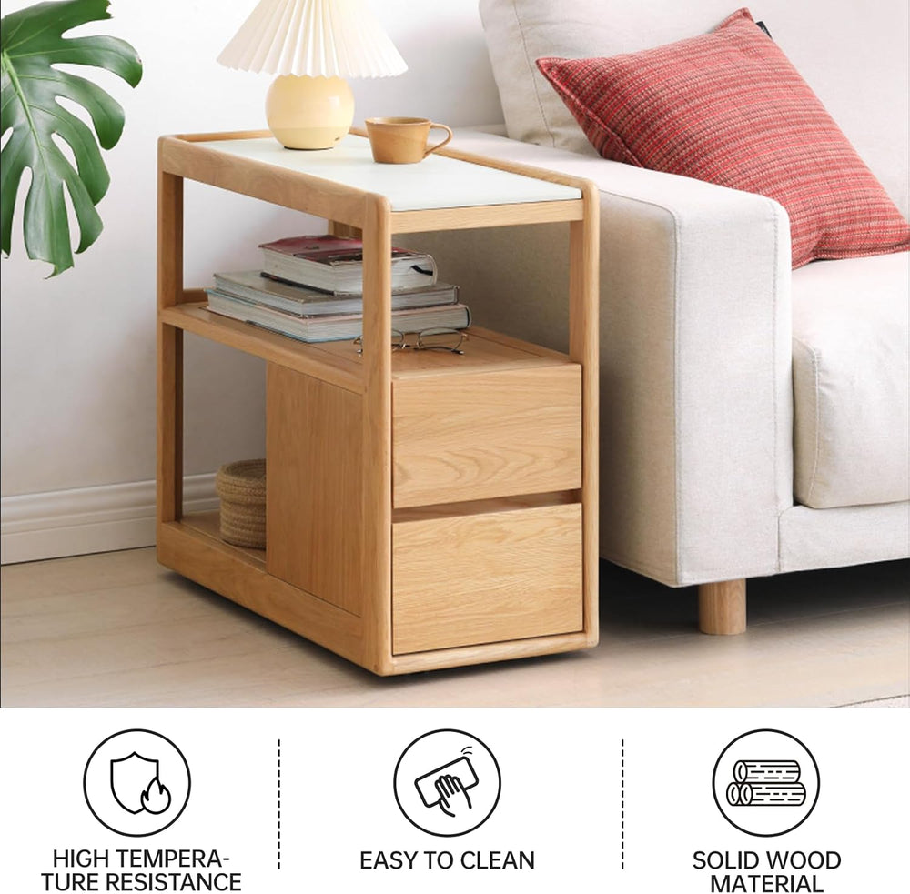 100% Solid Wood Side Table with Storage, Narrow End Table with 2 Drawers, Sli...