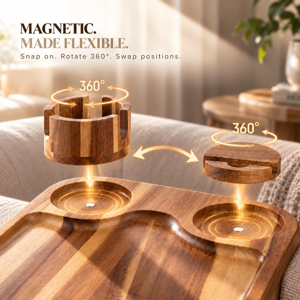 Couch Armrest Table, Acacia Wood Sofa Arm Tray with 360° Rotating Phone &...