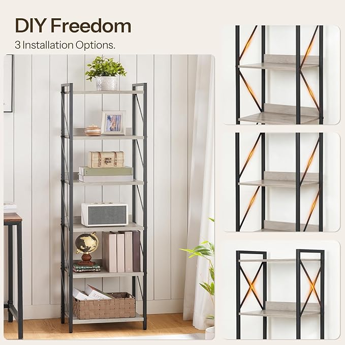 HOOBRO Bookshelf, 6-Tier Industrial Bookcase, Book Shelf Storage Organizer, T...