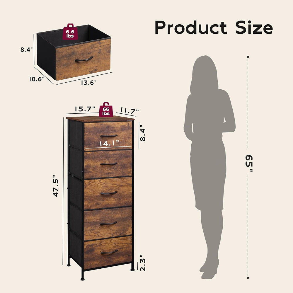 WLIVE Tall Dresser for Bedroom, 5 Drawer Dresser, Rustic Brown