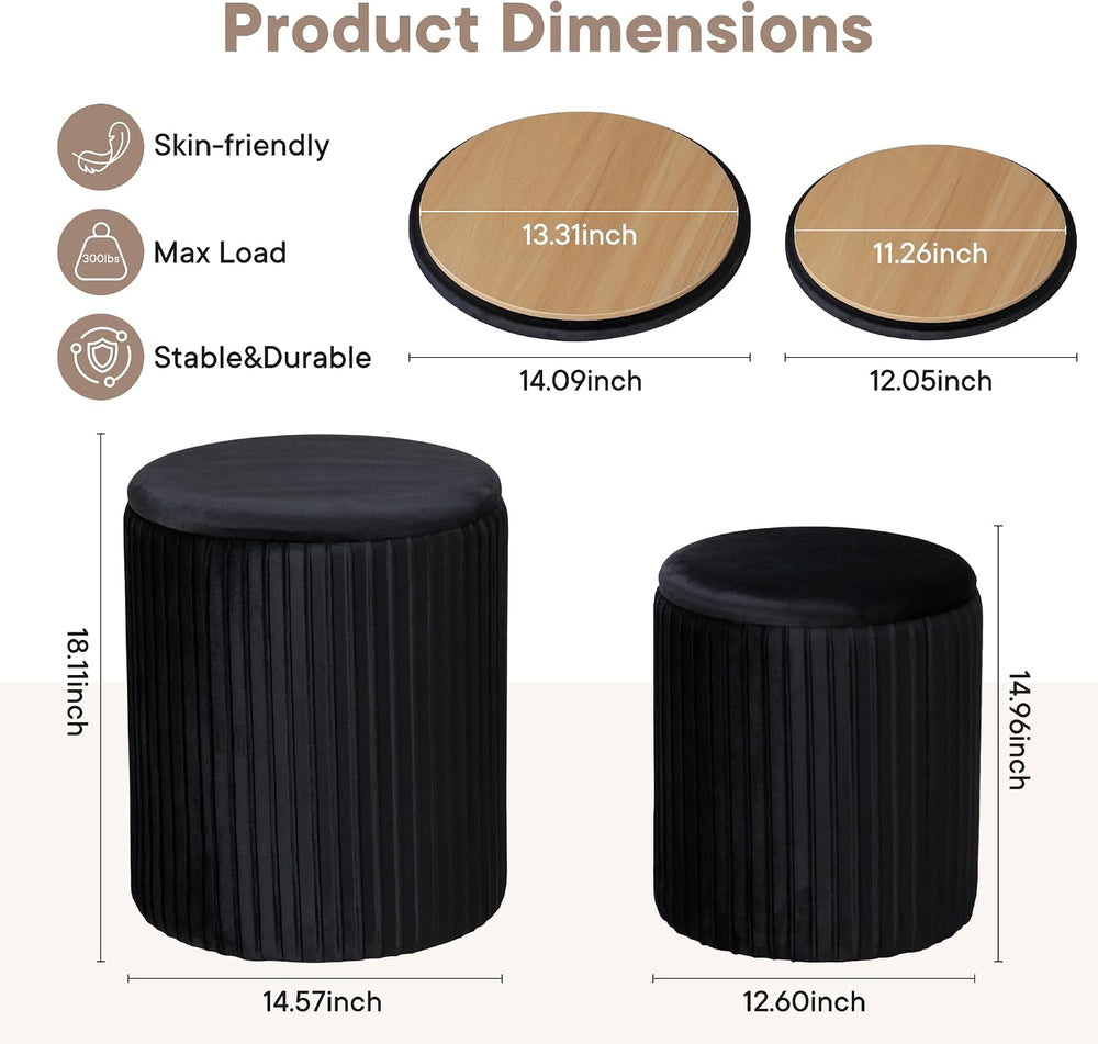 DUMOS Round Ottomans with Storage Set of 2, Vanity Stool, Foot Stool