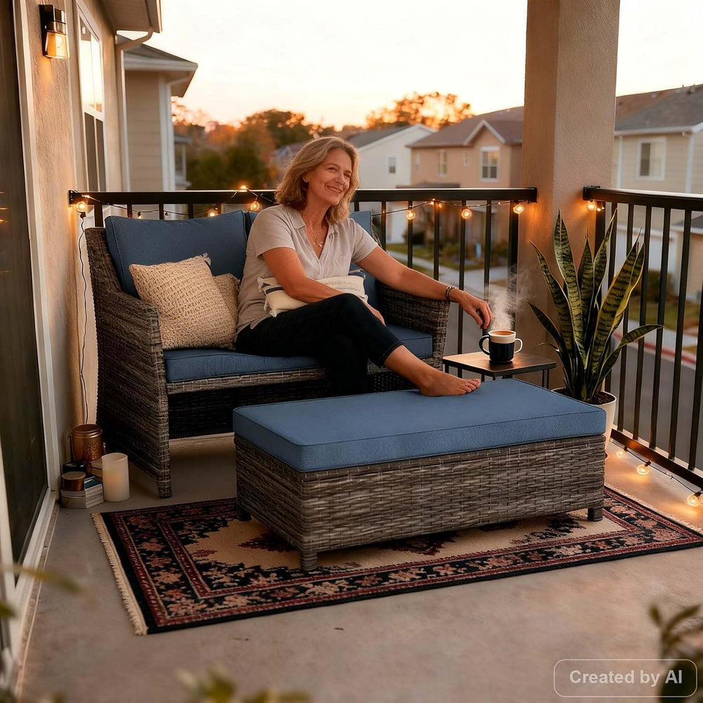 Wicker Patio Loveseat w/Storage Ottoman, 2 Pcs, Navy Blue