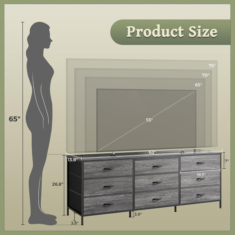 Huuger 63 Inch Dresser for Bedroom, Long Dresser for Closet with 9 Drawers, L...