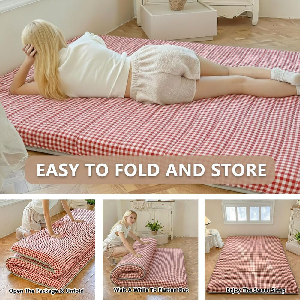 Red Gingham Japanese Floor Mattress, Full Size 60" x 80", 3.5"...