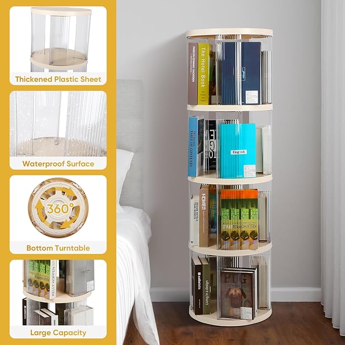 FAHKNS 4 Tier Rotating Bookshelf,360° Revolving Bookcase Tower,Clear Acrylic Round Book Shelf for Small Space,Suitable for Spinning Bookshelf Tower in Bedroom, Living Loom, Office