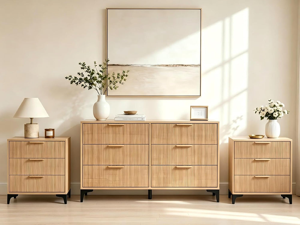 3 Pieces Dresser Bedroom Set, 6 Drawer Dresser & 3 Drawer Nightstand of 2