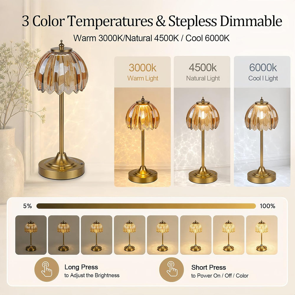 Rechargeable Cordless Table Lamp, 3 Color Temps & Stepless Dimming