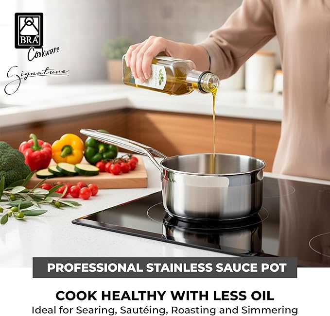 BRA COOKWARE Signature Stainless Steel Sauce Pot w/Glass Lid | 6.3 Inch 1.2