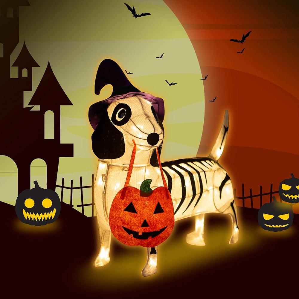 Skeleton Dachshund Decor, 25" Witch Hat Lights, Halloween Yard