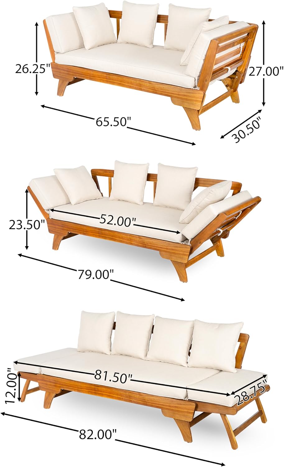 Christopher Knight Home Gary Patio Convertible Couch, Wooden Outdoor Daybed, ...