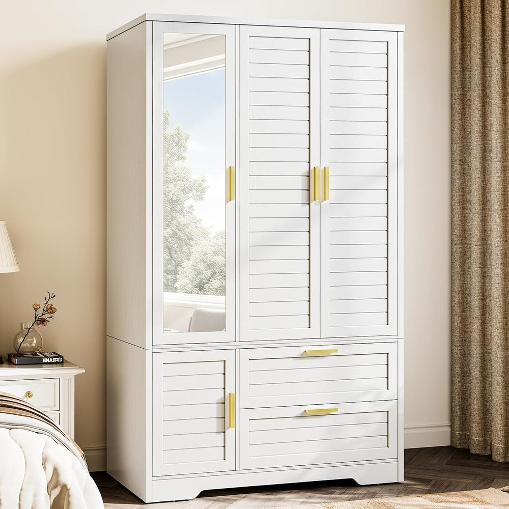 Armoire Wardrobe Closet with Mirror - 71“ Wood Clothing Storage Cabinet, Ward...