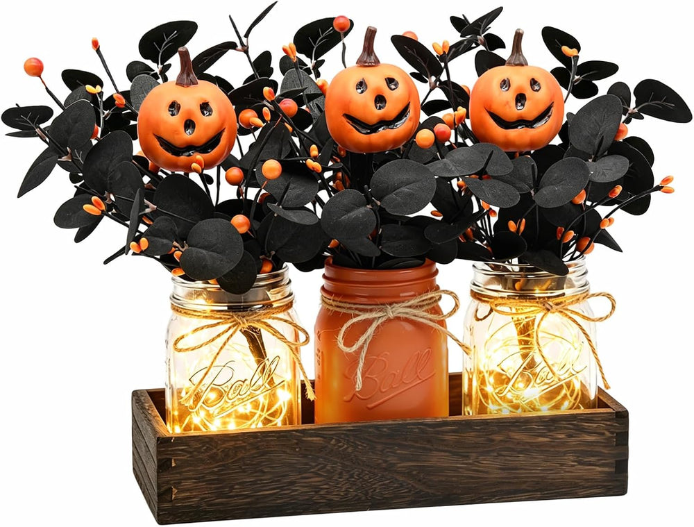 Lighted Halloween Table Centerpiece, Pumpkin Mason Jar Decorations for Home