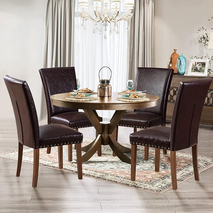 Parsons Dining Chairs Set of 6, Upholstered Nailhead PU Leather Dining Room K...