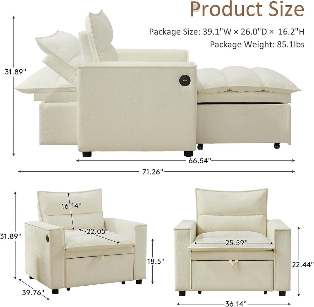 VANOMi Convertible 3-in-1 Sleeper Chair Sofa Bed, USB Ports, Chenille Beige