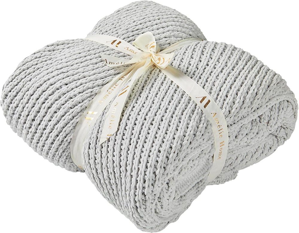 Amรฉlie Home Chenille Knit Throw Blanket for Couch, Light Gray, 50"x60"