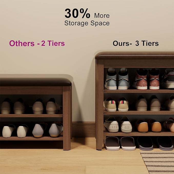 Shoe Bench with Leather Cushion, 3 Tiers Shoe Storage Bench Height Adjustable...