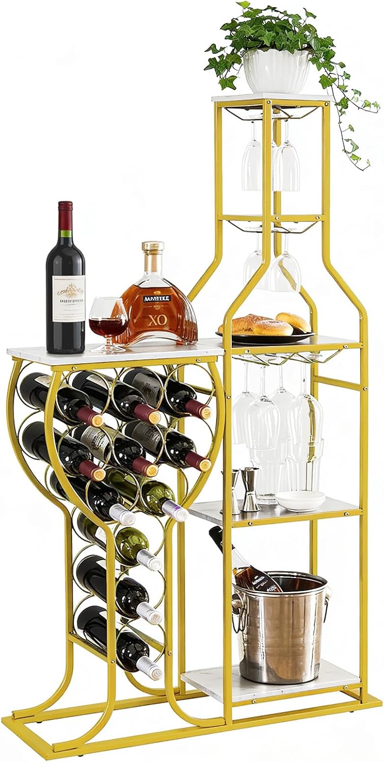 5-Tier Wine Rack Freestanding Floor, 11 Bottles Modern Wooden Wine Holder-Sto...