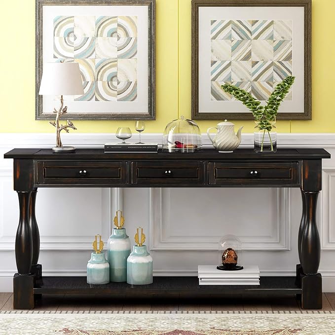 Merax Wood Farmhouse Entry Way Hallway Table with Drawers and Bottom Shelf Na...