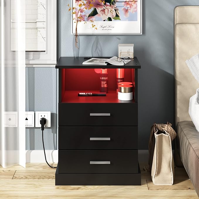 Black LED Nightstand with Charging Station, Side Table with 3 Drawers and Lig...
