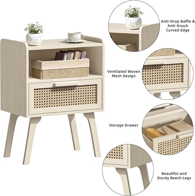 Lerliuo Rattan Nightstand, Side Table with Drawer Open Shelf, Cane Accent Bed...
