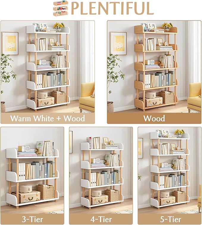 4-Tier Wooden Open Bookcase - Modern Display Bookshelf with Side Panels and S...