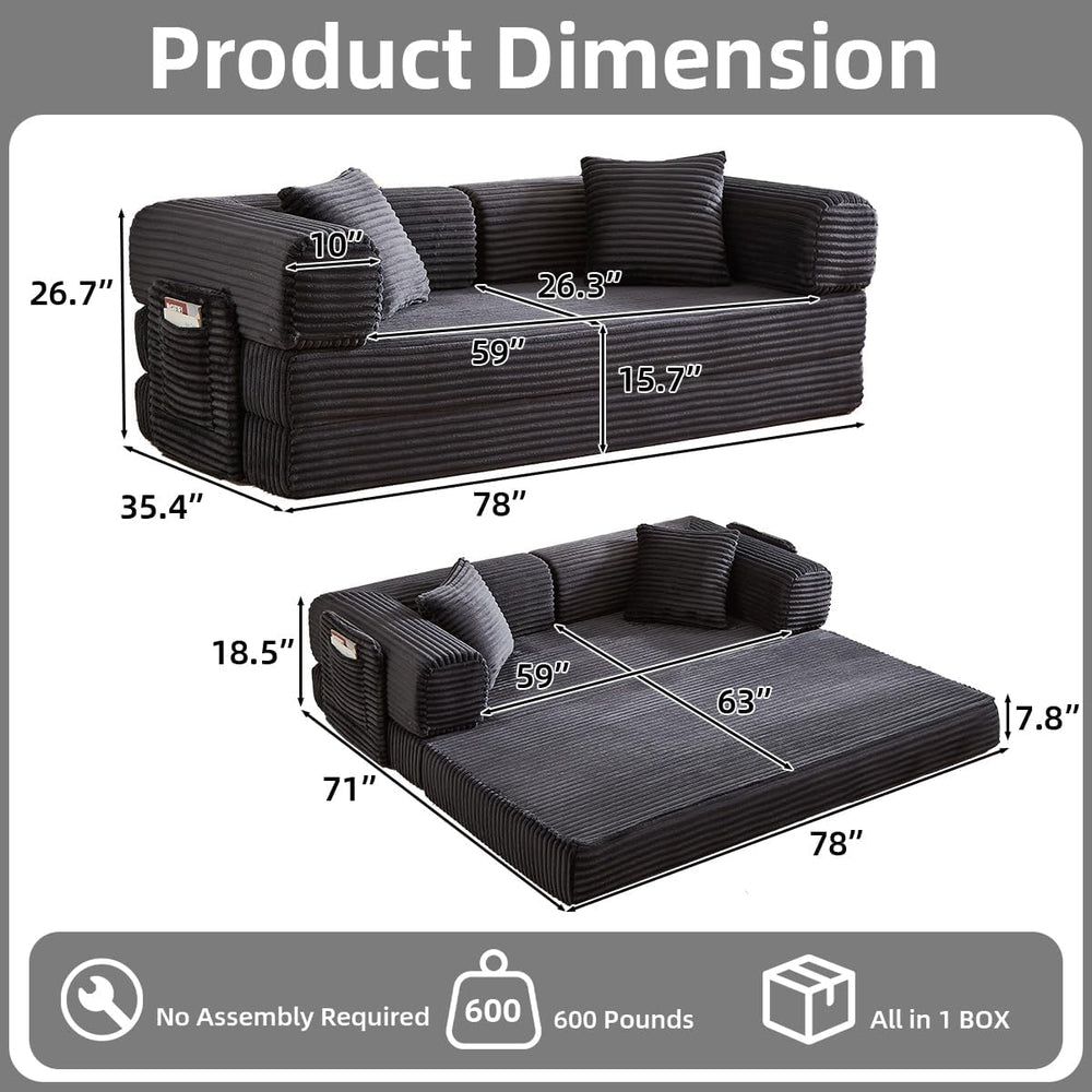 81 Inch Convertible Futon Sofa Bed,Fold Out Floor Sofa Couch with Fixed-Shape...