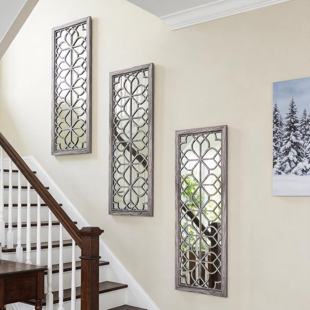 Set of 2 16x41.5 Inch Large Carved Floral Wood Frame Wall Mirrors, Shatterpro...