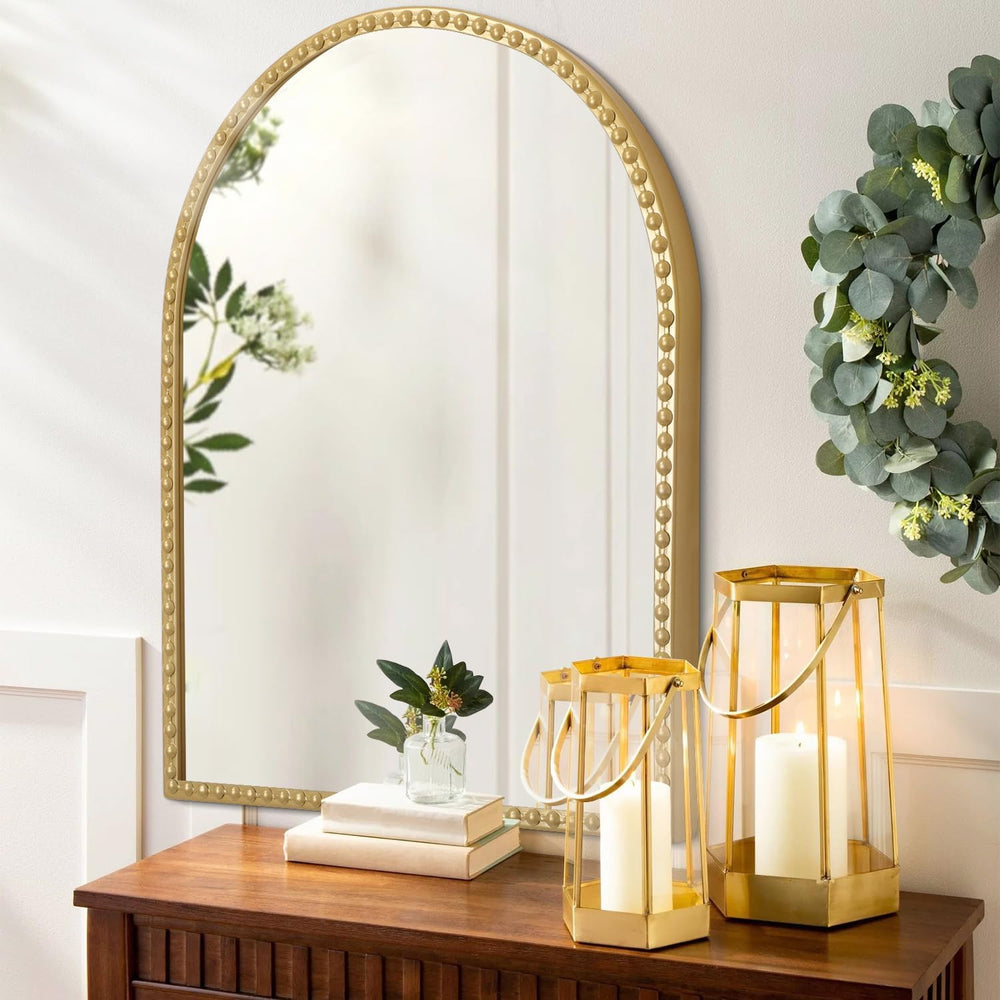 Large Gold Arch Mirror for Bathroom, Metal Beaded Frame 36"x24" Arc...