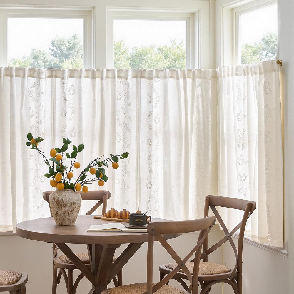 jinchan White Floral Linen Kitchen Tier Curtains 50x45 Inch 2 Panels