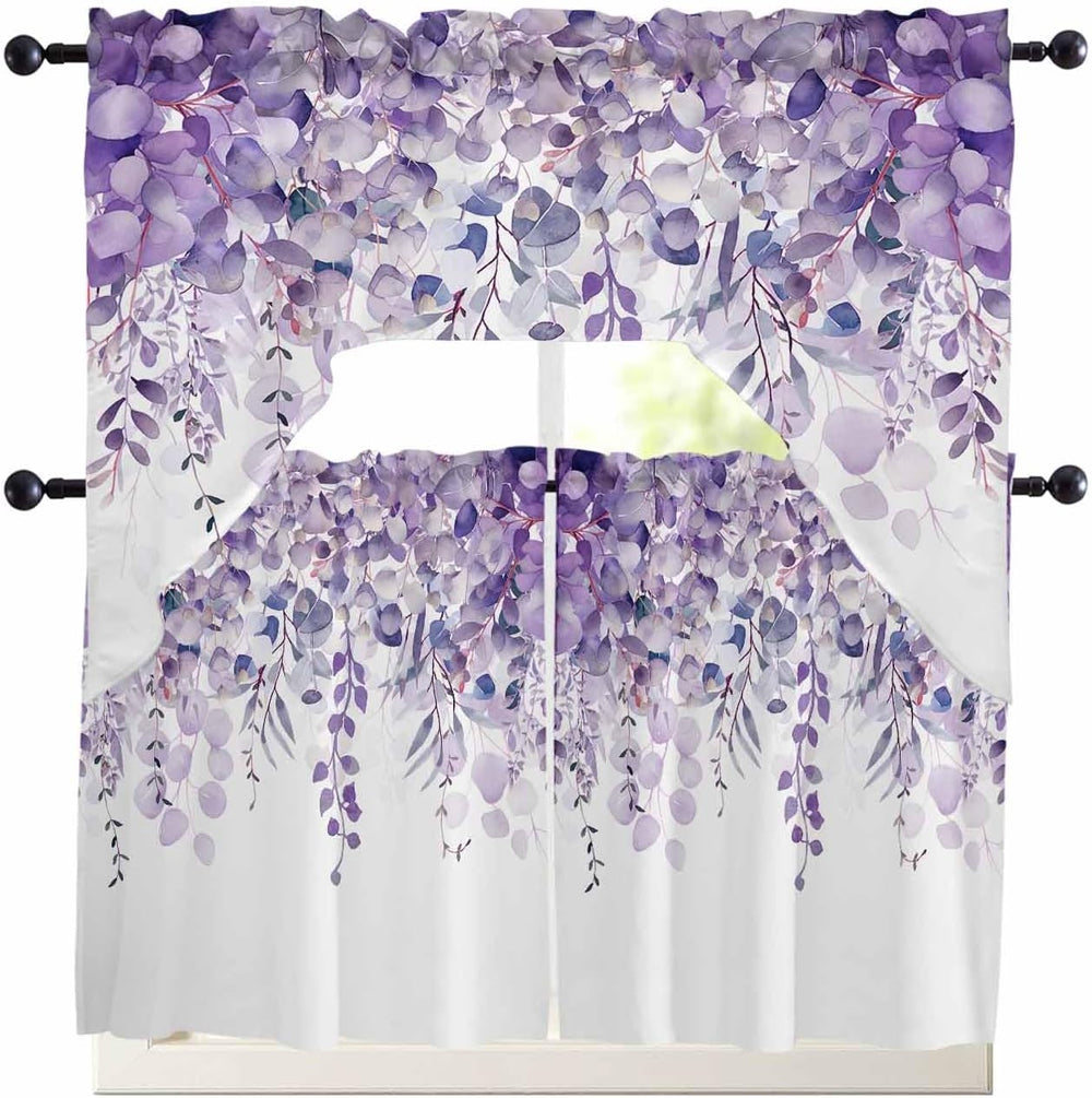 Spring Botanical Swag Curtains Valance and Tier Set, Purple Eucalyptus Leaves...