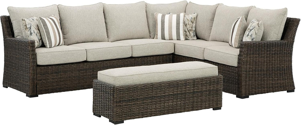 Signature Design by Ashley 3-Piece Patio Sectional with Bench, Brown