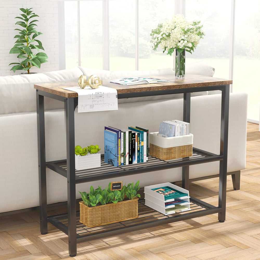Ecoprsio Small Console Table, Sofa Table with Double Mesh Shelves, Industrial...
