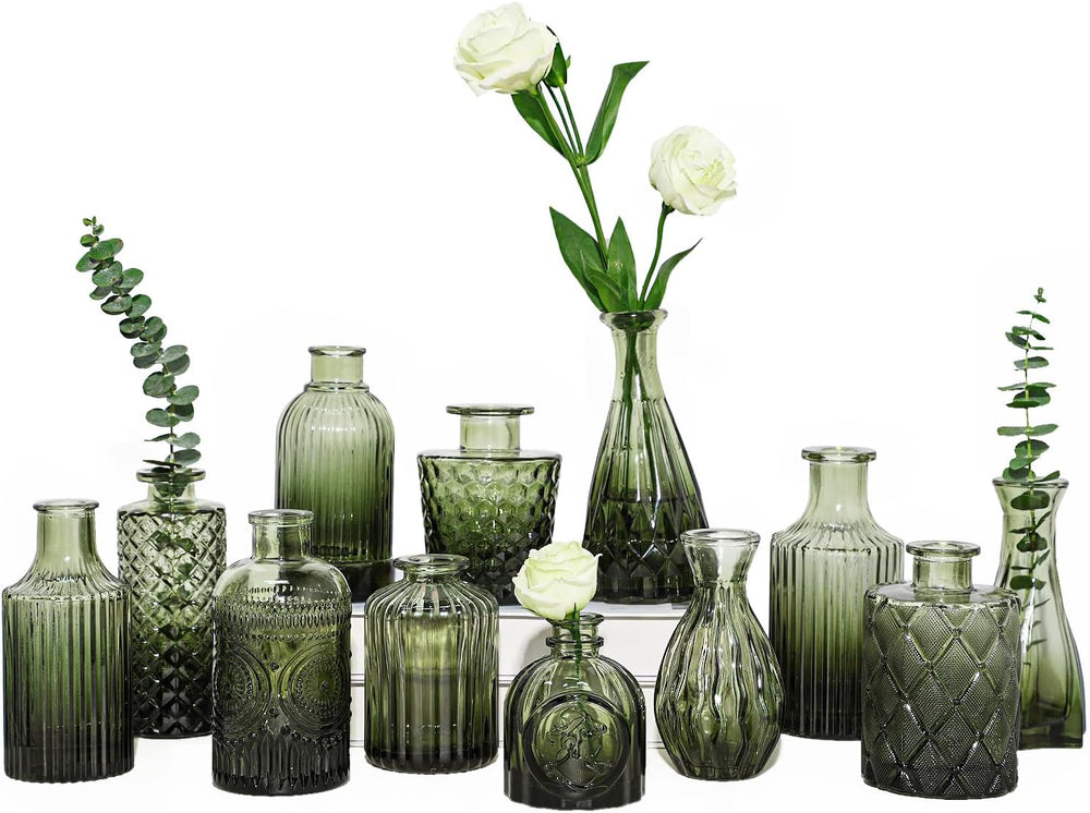 TBWIND 12pcs Green Glass Bud Vases Set, Small Vases for Flowers