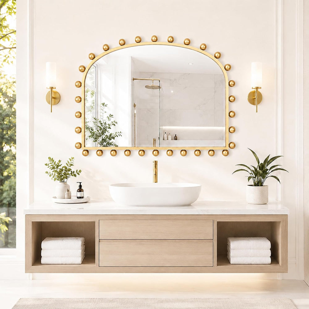 36"x28" Wide Arch Wall Mirror, Antique Gold Ball Frame for Mantel