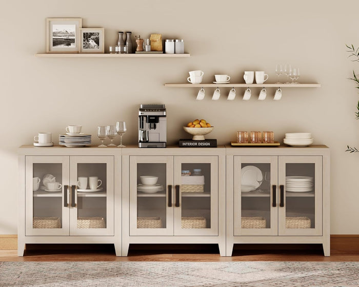 WAMPAT Buffet Cabinet with Storage, Large Sideboard Accent Cabinets with 6 Glass Doors, Modern Farmhouse Coffee Bar Cabinet, Wood Console Table for Kitchen, Dining Room, Living Room, Beige