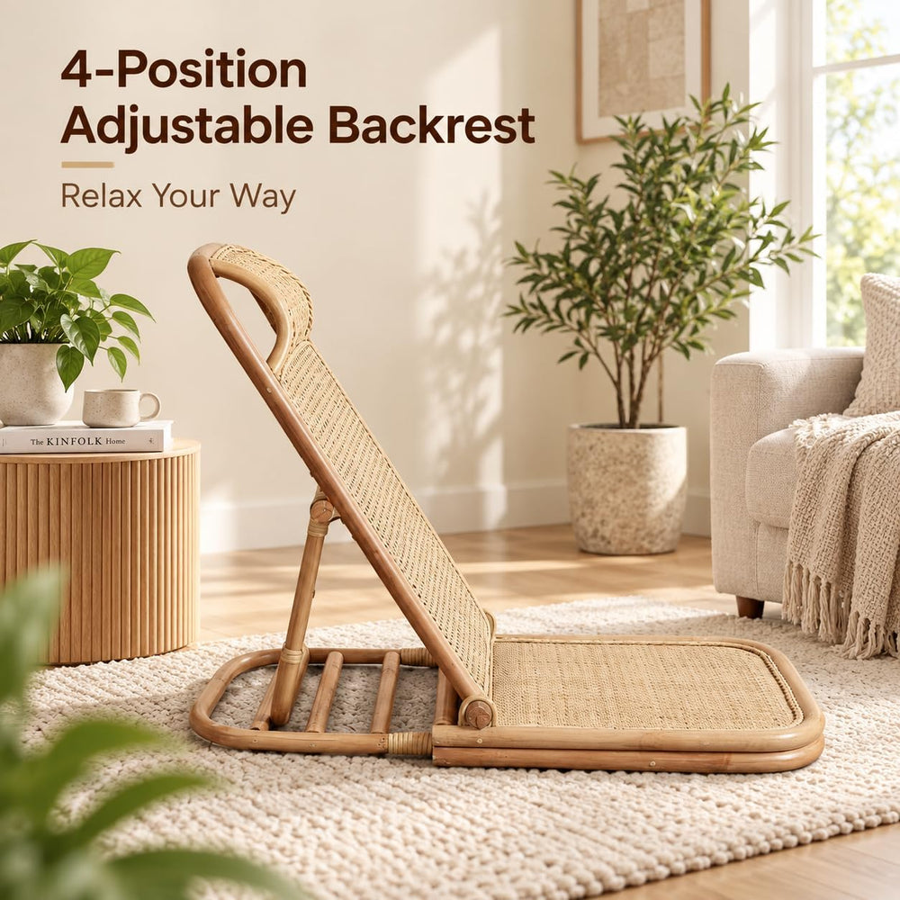 4-Gear Adjustable Folding Rattan Floor Chair Foldable Beach Chair Lazy Floor ...