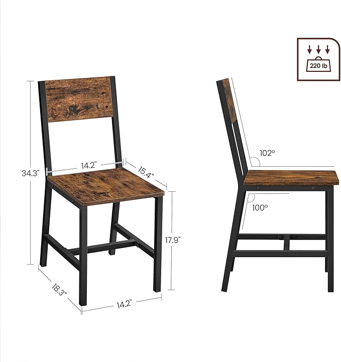 VASAGLE Dining Chair Set of 2, Rustic Wood Chairs with Metal Steel Frame, Eas...