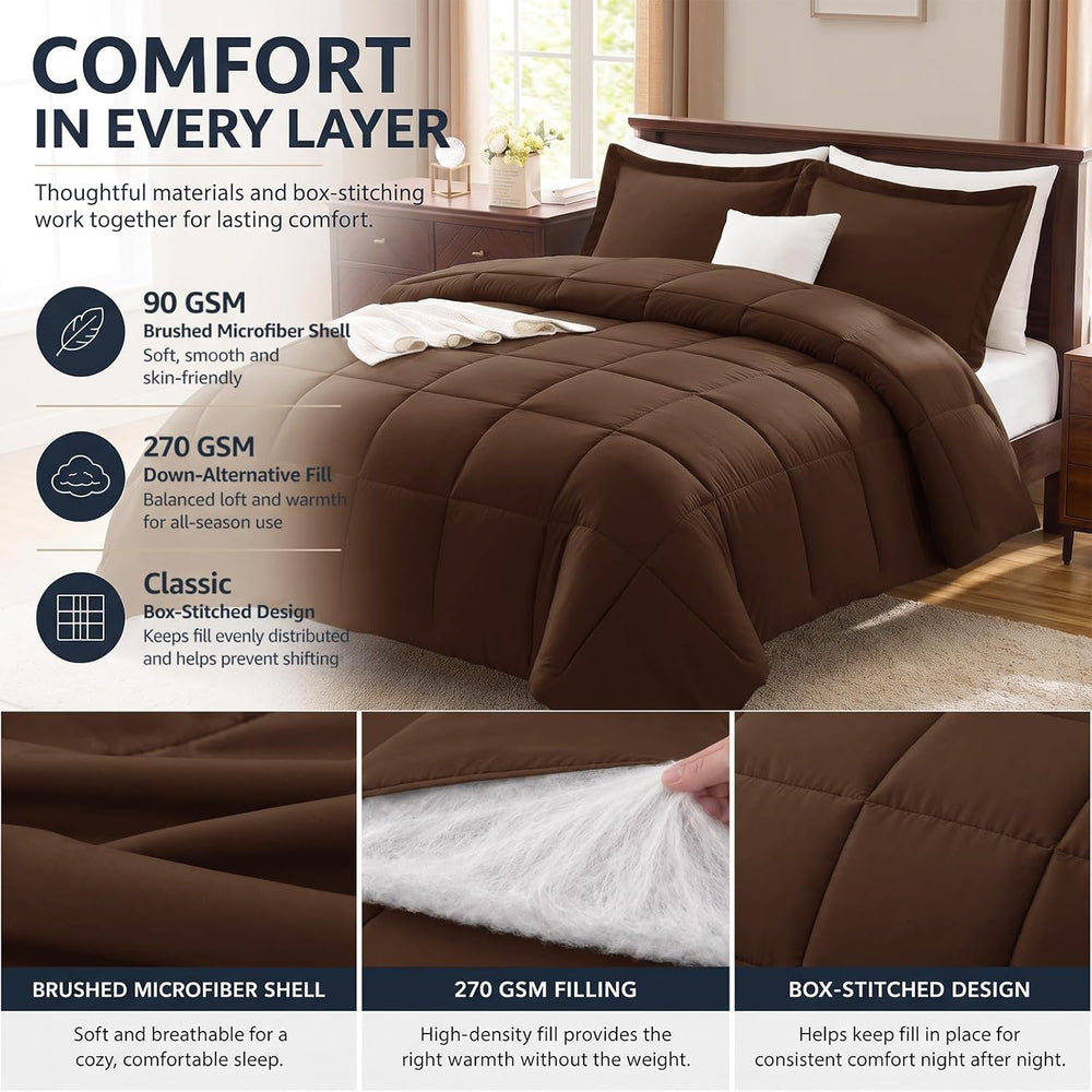 CozyLux Queen Size Comforter Set, 3-Piece Box-Stitched, Brown
