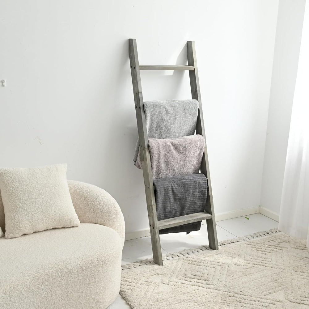 Blanket Ladder, 5ft Rectangle Rung Rustic Solid Wood Decor Rack, Grey | 5 run...